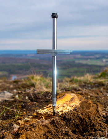 A modern, metallic cross-shaped marker is firmly planted in the earth at a scenic summit. Below, a vast landscape stretches to the horizon, symbolizing a point of discovery, a precise location marked, or a destination achieved after a long journey.の素材