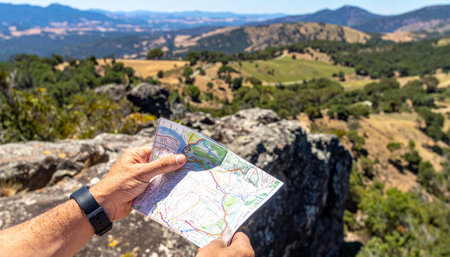 From a first-person perspective, a hiker pauses at a rocky mountain summit to consult a paper map. With a vast, sun-drenched valley stretching out below, they trace their finger along the planned route, embodying a spirit of adventure, self-reliance, and the timeless thrill of exploration.の素材