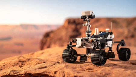 As the sun sets over the vast, ochre canyons, a robotic explorer stands poised at the edge of a new frontier. A symbol of human curiosity and technological ambition, it embarks on a solitary mission to uncover the secrets of a distant, alien world, representing a hopeful step into the future of space exploration.の素材