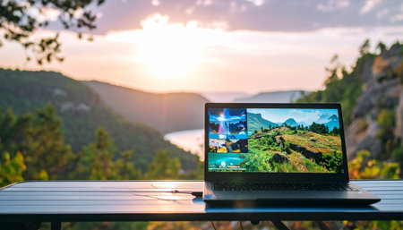 A laptop sits on a rustic table, its screen displaying a multi-view security feed against the breathtaking backdrop of a mountain valley at sunset. This scene embodies the modern concept of remote work, where technology allows for constant connectivity and control from the most serene locations.の素材