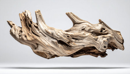 A single piece of gnarled driftwood, shaped by the relentless forces of water and time, floats against a clean background. Its intricate textures and organic forms tell a silent story of its journey, now presented as a unique piece of natural sculpture.の素材