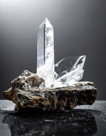 A magnificent clear quartz crystal point emerges from its raw, dark matrix, illuminated from behind to reveal its perfect clarity and internal structures. Set against a dark background with a reflective surface, this image evokes a sense of natural power, purity, and geological wonder.の素材