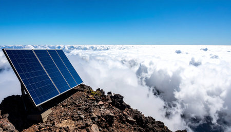 A solar panel stands proudly on a remote mountain summit, harnessing the suns power high above a vast sea of clouds. This image symbolizes the peak of green technology, innovation, and a sustainable future powered by nature itself.の素材