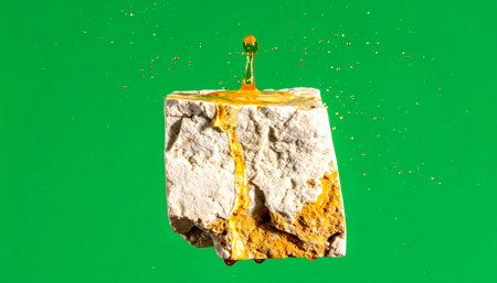 A single, viscous drop of golden organic serum falls onto a porous mineral stone, creating a splash against a vibrant green backdrop. This abstract macro shot visualizes concepts of natural extraction, scientific discovery, and the essence of purity in cosmetics and wellness.の素材