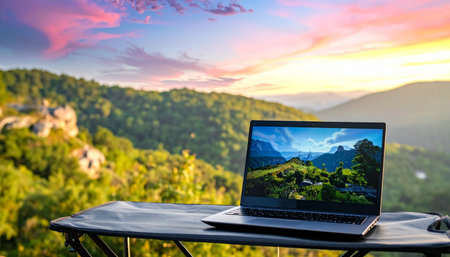 The ultimate remote office setup. A laptop sits open on a balcony table, its screen mirroring the breathtaking mountain landscape it overlooks. As the sun sets, casting a warm, colorful glow across the sky, it represents the perfect blend of modern productivity, freedom, and the serene beauty of nature. This is the dream of the digital nomad, a workspace defined by inspiration and tranquility.の素材