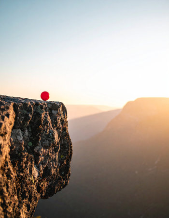 A single, vibrant red balloon rests precariously on the edge of a rugged cliff, a stark symbol of hope and fragility against the vast, hazy expanse of a mountain valley at sunrise. The scene evokes feelings of solitude, freedom, and quiet contemplation.の素材