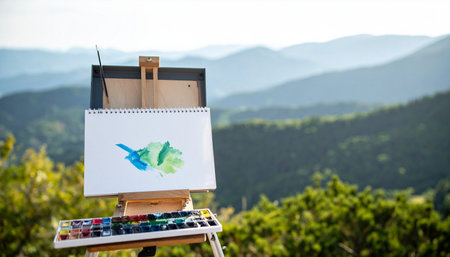 An artists easel stands ready, capturing the essence of the rolling mountain landscape on canvas. This tranquil scene embodies the spirit of creativity and finding inspiration in the peaceful solitude of nature, a perfect escape for the creative soul.の素材