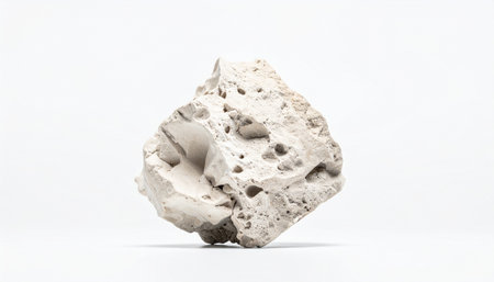 A detailed studio shot of a single piece of white pumice stone, isolated on a clean background. Its porous, lightweight texture tells a story of its volcanic origins, formed from rapidly cooling, gas-rich lava. This image is perfect for concepts related to geology, natural science, exfoliation, and raw materials.の素材