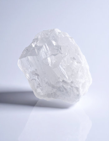 A single, unpolished piece of raw clear quartz rests in a serene, minimalist setting. Its natural facets and crystalline structure catch the soft light, symbolizing purity, clarity, and the raw beauty of the earth. This image evokes a sense of calm, healing, and spiritual energy.の素材