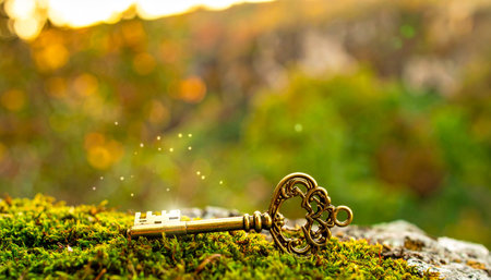 An ornate vintage key rests on a bed of soft green moss, bathed in the warm, golden glow of a magical forest. This is the key to unlocking secrets, finding hidden treasures, or opening the door to a new opportunity and adventure.の素材
