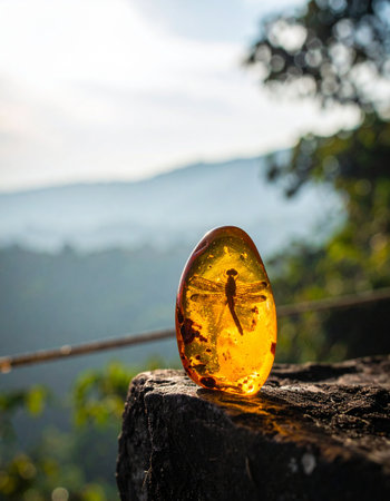 A perfectly preserved prehistoric insect is frozen in time within a polished piece of golden amber. Bathed in the warm light of a jungle sunrise, this ancient fossil rests on a rock, a timeless relic connecting the distant past with the natural world of today.の素材