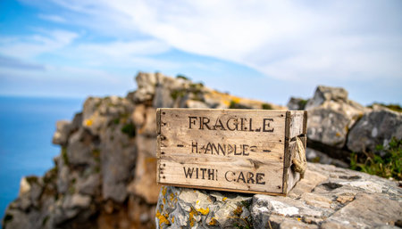 Perched precariously on a rugged cliff edge against a backdrop of the sea and sky, a mysterious wooden box carries a stark warning. This image captures a moment of suspense and solitude, perfect for concepts of risk, discovery, and forgotten stories.の素材
