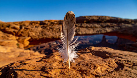 A single, sacred feather stands in perfect balance on a red sandstone ledge, greeting the first light of a desert sunrise. In the background, the iconic landscape of the American Southwest glows, reflecting a sense of peace, spirituality, and profound connection to the natural world.の素材