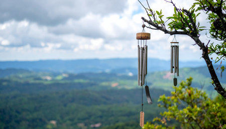 The gentle sound of wind chimes harmonizes with the breeze, offering a moment of peace and tranquility while overlooking a vast, green mountain valley. A perfect scene for meditation, relaxation, and connecting with natures quiet beauty.の素材