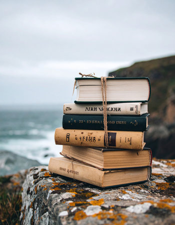A stack of weathered, vintage books, tied with simple twine, rests on a rocky cliff overlooking a vast, moody sea. This tranquil scene evokes a sense of literary escape, quiet contemplation, and the timeless adventure found within the pages of a good story.の素材