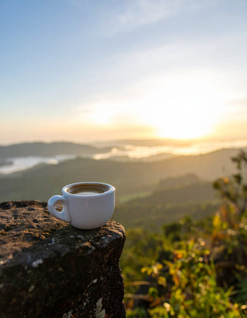 Start your day with a moment of pure tranquility. A warm cup of coffee sits on a rocky ledge, overlooking a breathtaking mountain sunrise. The valley below is filled with a soft mist, creating a peaceful and inspiring scene perfect for concepts of new beginnings, adventure, and mindful moments.の素材