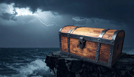 A weathered treasure chest rests on the edge of a jagged cliff, its secrets guarded by a raging storm. Lightning flashes across the dark sky, illuminating the turbulent ocean below, hinting at the epic journey and immense danger one must face to claim the forgotten fortune within.の素材