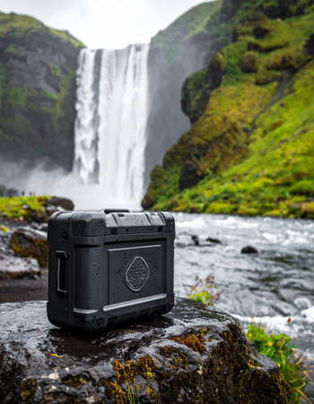 Harnessing sustainable energy for any adventure, this rugged portable power station stands ready against the raw, untamed beauty of an Icelandic waterfall. A symbol of modern exploration and off-grid freedom.の素材