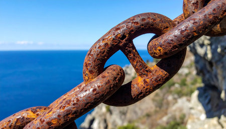 A heavy, weathered chain, its links thick with rust, stands as a testament to time and the elements. In the background, the vast, deep blue ocean stretches to the horizon, symbolizing enduring strength, the passage of time, and the powerful forces of nature.の素材