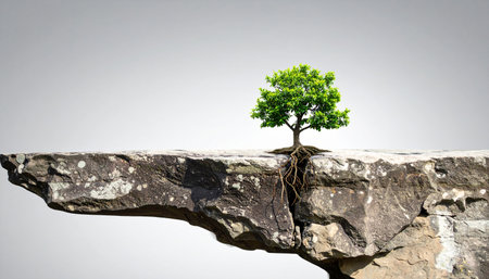 A powerful symbol of resilience and determination, a single green tree sprouts from a crack in a solid rock cliff. Its visible roots cling tenaciously, representing the strength to overcome adversity, find opportunity in challenges, and thrive against all odds. This is an inspirational visual for concepts of growth, survival, and unwavering hope.の素材