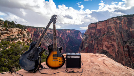 Two electric guitars and an amplifier rest on a sun-drenched cliff, poised against the breathtaking backdrop of a vast canyon. This scene captures the ultimate fusion of creative passion and the raw, majestic beauty of the natural world, symbolizing freedom, adventure, and music inspired by the wild.の素材