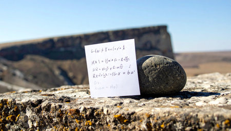 A moment of inspiration captured in the wild. A handwritten scientific formula rests against a simple stone, left on a rocky ledge overlooking a vast, sun-drenched canyon. It symbolizes discovery, the intersection of intellect and nature, and the profound solutions found in quiet, open spaces.の素材