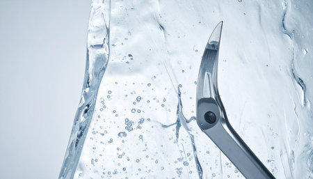 A pair of precision metal tweezers carefully holds a fragile, clear shard of ice. This macro shot, set against a clean white background, evokes a sense of scientific research, delicate handling, and the study of frozen elements in a sterile laboratory environment.の素材