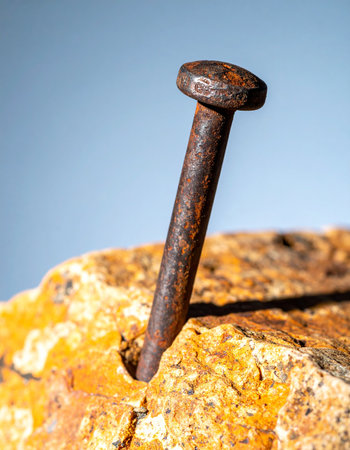 A testament to time and force, a single rusty nail stands firmly embedded in a weathered rock. Its corroded surface tells a story of exposure to the elements, symbolizing enduring strength, permanence, and the lasting impact of human endeavor on the natural world.の素材