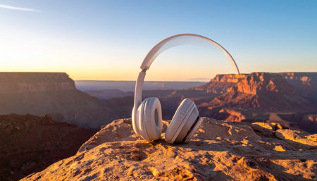 A pair of modern wireless headphones rests on a sun-drenched rock, overlooking a magnificent canyon at sunrise. This image evokes a sense of personal escape and tranquility, the perfect soundtrack for a moment of awe-inspiring natural beauty and solitary adventure.の素材