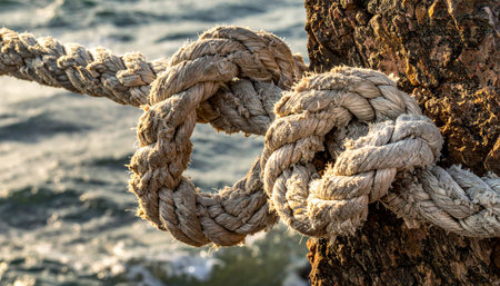 A thick, weathered mooring rope is securely fastened to a heavily rusted bollard, its strong knot a testament to enduring strength. In the background, the sun glints off the water, highlighting the reliability and steadfast connection that holds fast against the constant pull of the tide. This image evokes themes of trust, stability, and dependable bonds.の素材