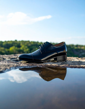 A single, elegant mens dress shoe rests on a rocky ledge, its reflection captured in a still puddle. This scene symbolizes the intersection of professional ambition and personal freedom, representing a moment of contemplation on the journey to success and the importance of work-life balance.の素材
