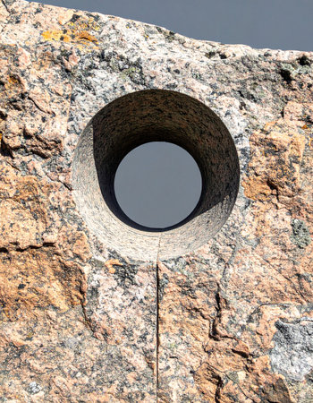 A perfectly smooth, circular hole is precisely drilled through a rough, natural granite boulder, creating a stark contrast between human engineering and the wild texture of nature. This opening acts as a portal, offering a focused view and symbolizing a breakthrough, opportunity, or a passage to a new perspective.の素材