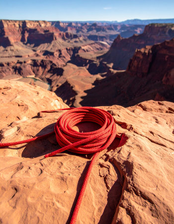 A bright red climbing rope lies coiled and ready on the sun-warmed sandstone, perched at the very edge of a breathtakingly vast canyon. The scene captures the quiet moment of preparation before an epic adventure, symbolizing readiness, trust in ones gear, and the thrill of exploring the wild.の素材