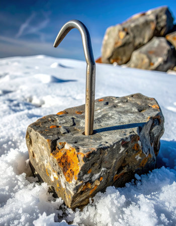 A sturdy metal hook is firmly anchored into a heavy rock, creating a symbol of strength and stability amidst a vast, snowy landscape. This powerful image represents a solid foundation, perseverance, and the reliable support needed to overcome challenges in a harsh, remote environment.の素材