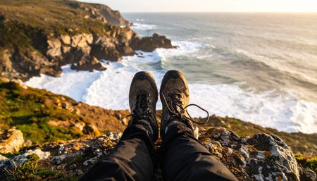 From a first-person perspective, a hiker takes a well-deserved rest on the edge of a rugged cliff. Below, the ocean waves crash against the rocky coastline as the warm light of sunset illuminates the stunning landscape. This image captures a moment of peace, achievement, and connection with nature.の素材