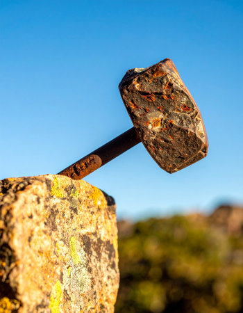 An old, rusty sledgehammer rests on a sun-warmed stone, its work for the day complete. This weathered tool tells a story of manual labor, strength, and the enduring power of construction and demolition against a clear blue sky.の素材