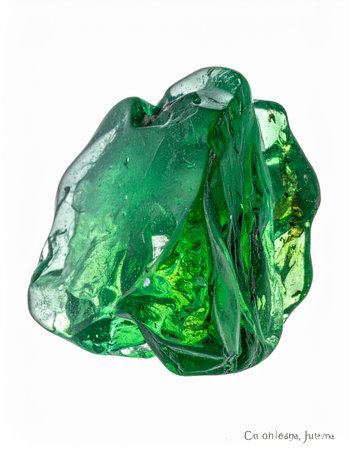 A vibrant, raw green crystal, isolated on a pure white background. Its translucent, glassy structure and unpolished facets capture the raw beauty of a natural gemstone, symbolizing earths hidden treasures and potential.の素材