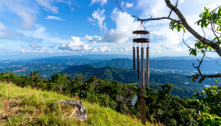 A gentle breeze whispers through the mountains, creating a soft, melodic tune from a wind chime hanging peacefully from a tree. This tranquil scene from a high vantage point offers a moment of calm and reflection, overlooking a vast, lush landscape under a beautiful blue sky.の素材
