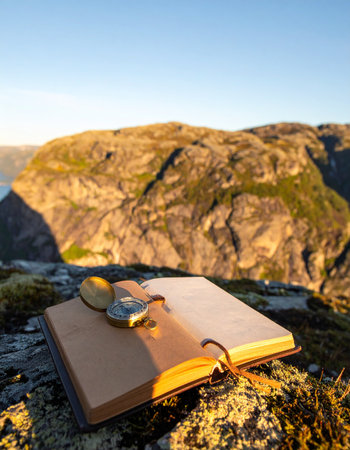 At the break of dawn, a traveler pauses on a mountain summit to chart the course ahead. A compass rests on a blank journal, symbolizing a new beginning and the planning of an epic journey. The vast, rugged landscape provides inspiration for adventure and discovery.の素材
