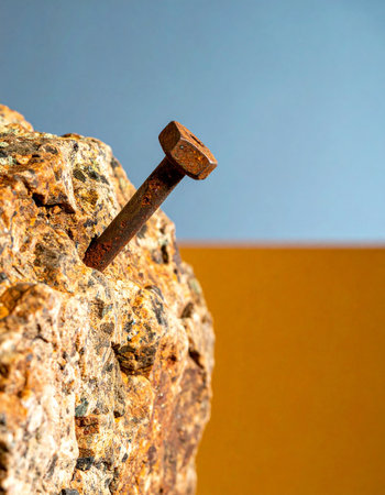 An old, weathered bolt, a relic of past industry, stands firmly embedded in a rugged stone. Set against a clean, modern background of blue and yellow, the image creates a powerful visual metaphor for resilience, permanence, and the enduring strength of old foundations in a contemporary world.の素材