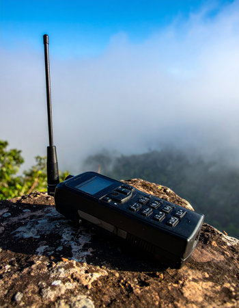 Perched on a rugged mountain peak above a sea of clouds, a satellite phone stands as a vital lifeline. Its the essential tool for any adventurer, ensuring communication and safety when exploring the most remote and breathtaking corners of the earth.の素材