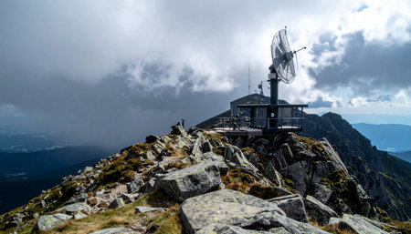 Perched atop a rugged, windswept peak, a vital communication relay stands against a dramatic, stormy sky. This isolated outpost symbolizes the intersection of human technology and the raw power of nature, broadcasting signals from the highest reaches of the world.の素材