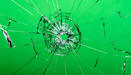 A high-velocity impact shatters a pane of glass, creating a spiderweb of cracks radiating from a central hole. Isolated on a green screen background, this element is perfect for compositing into action scenes or visual effects sequences to add destruction and tension.の素材