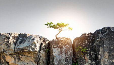 Against all odds, a solitary tree finds life on a rugged cliff edge, bathed in the warm glow of the rising sun. This powerful image symbolizes resilience, perseverance, and the enduring strength of nature in the face of adversity.の素材