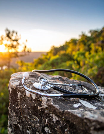 A medical stethoscope rests on a rugged stone, overlooking a serene natural landscape at sunrise. This image represents the intersection of medicine and nature, symbolizing concepts like holistic wellness, rural healthcare, and finding peace and balance away from the demands of the medical profession.の素材