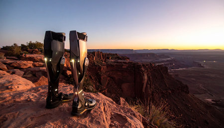 A pair of advanced robotic exoskeleton legs stand ready at the edge of a vast canyon as the first light of dawn breaks over the horizon. This image symbolizes the fusion of technology and human potential, representing a future of limitless exploration and overcoming physical boundaries.の素材