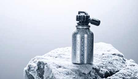 A durable, reusable metal water bottle stands firm against the elements on a frost-covered rock. This essential piece of outdoor gear symbolizes resilience and preparation for any cold-weather adventure, from a mountain hike to a polar expedition, promising pure refreshment in the harshest conditions.の素材
