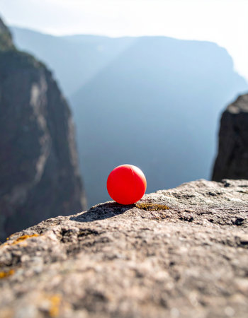 A single, vibrant red ball rests on the edge of a rugged rock cliff. In the background, hazy mountains fade into the distance, creating a scene of minimalist beauty and quiet contemplation. This image evokes concepts of focus, solitude, and standing out against a vast natural landscape.の素材