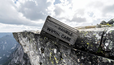 A wooden crate marked Handle With Care sits precariously on the very edge of a high, rocky cliff. This conceptual image represents high-stakes situations, risk management, fragility, and the critical importance of caution when facing a potential crisis or disaster.の素材