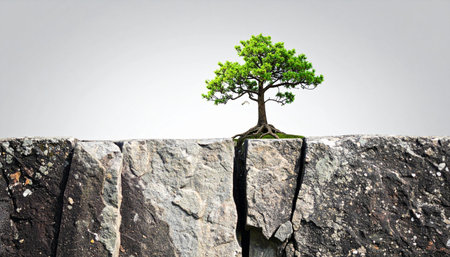 A single, determined tree defies the odds, its roots clinging to a fractured cliff edge. This powerful visual serves as a metaphor for resilience, strength, and the ability to find growth and opportunity even in the face of immense adversity and challenge.の素材